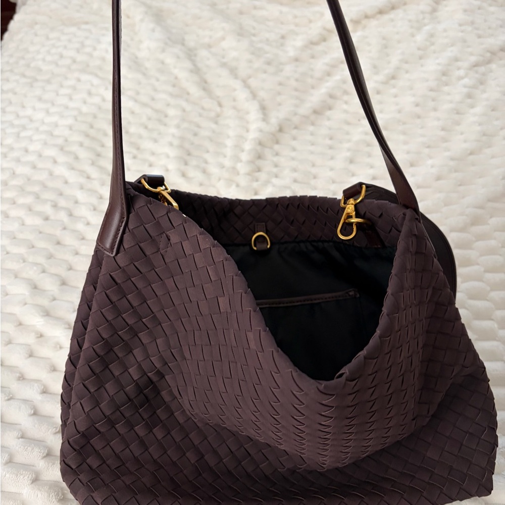 Woven Shoulder Tote in Dark Brown with crossbody strap